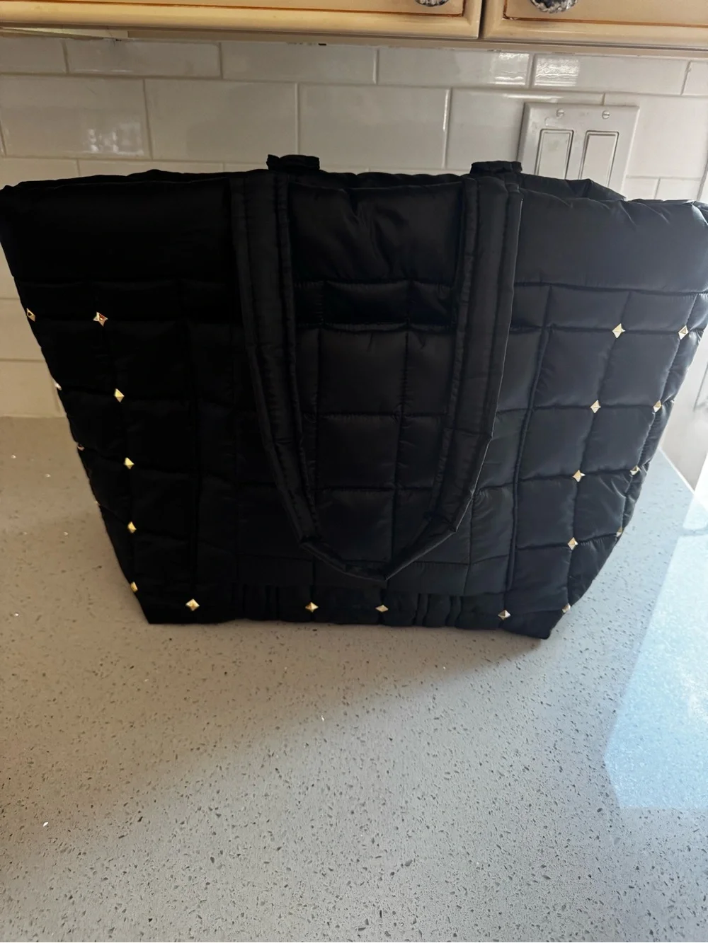 Michael Kors Black nylon Quilted Tote with Gold Stud Accents
